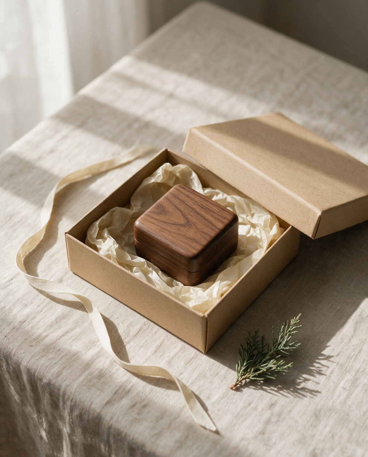 A walnut ring box packed in tissue inside a larger plain kraft gift box, with a sprig of evergreen on linen