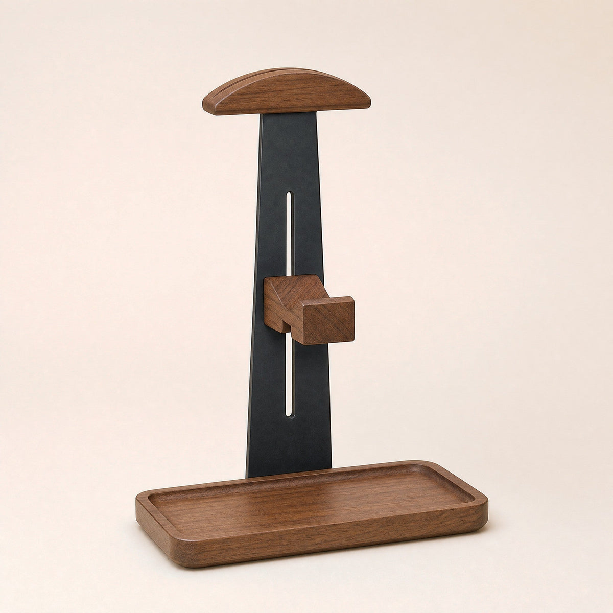 Walnut and steel headphone and controller stand with wooden base tray and cradle