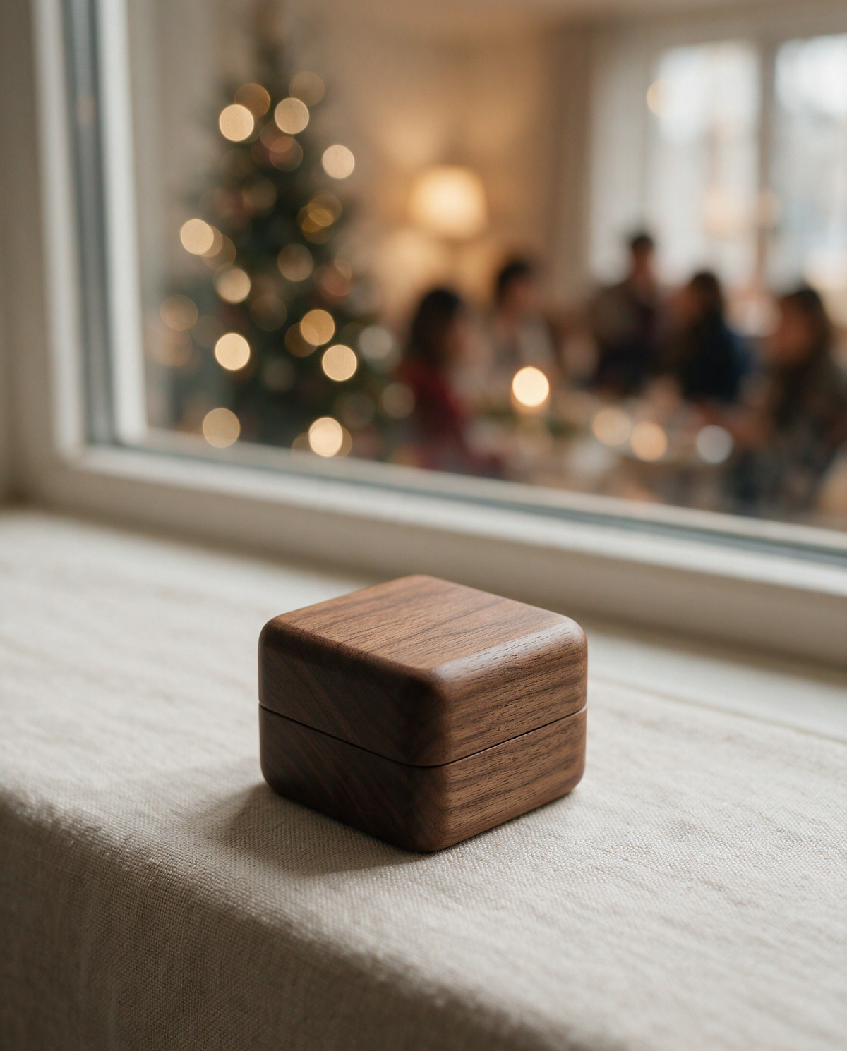 A closed walnut ring box on a windowsill in the foreground, with a warmly lit gathering blurred far behind the glass