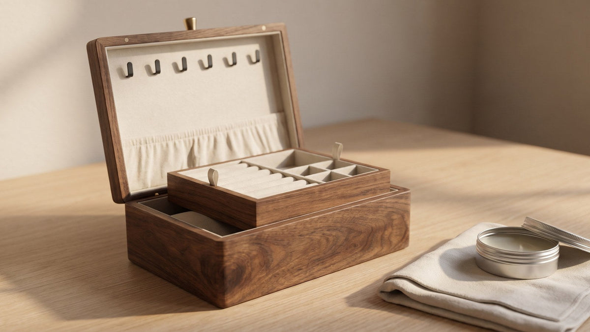 Open walnut jewelry box showing its removable tray, beside a folded cotton cloth and a tin of clear furniture wax