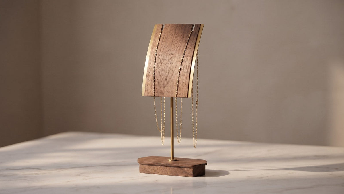 A single fine gold chain hanging untangled from the notched top edge of a walnut necklace stand