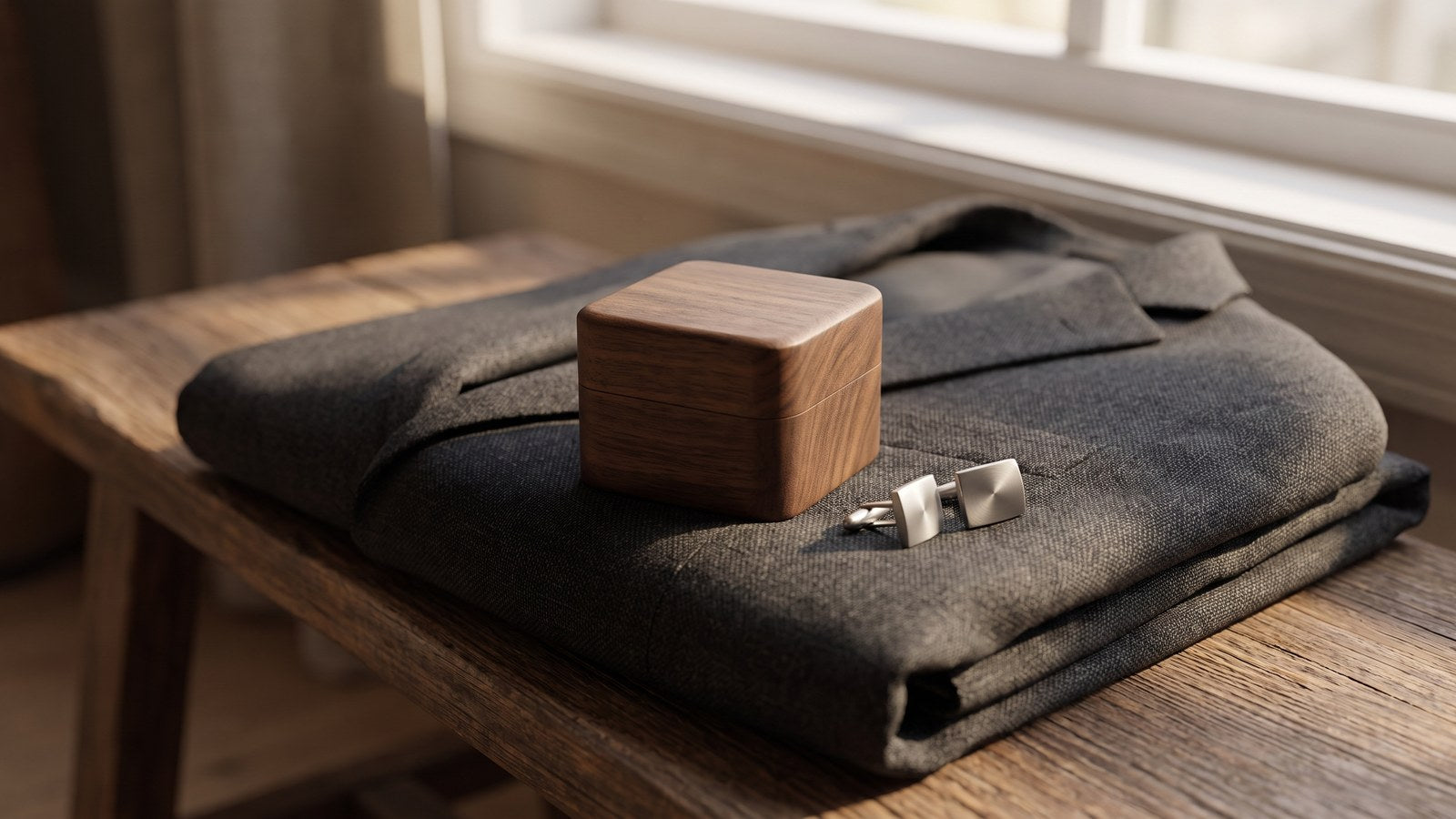 Closed walnut proposal ring box resting on a folded dark grey suit jacket beside a pair of cufflinks