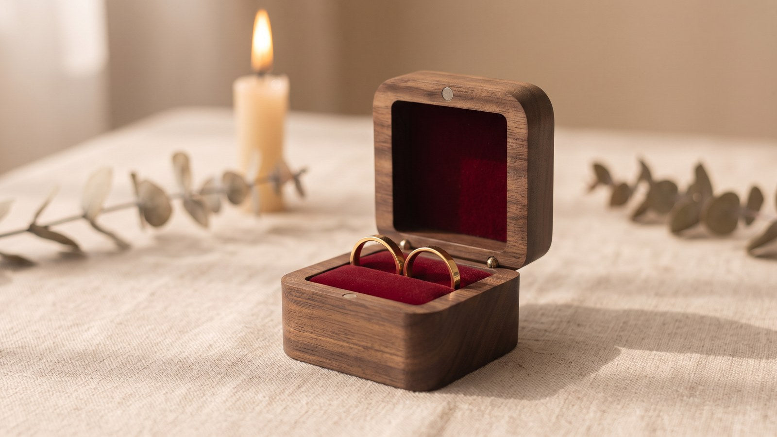 Closed walnut ring box with two names and an anniversary date engraved on the lid, two plain gold wedding bands on the linen beside it