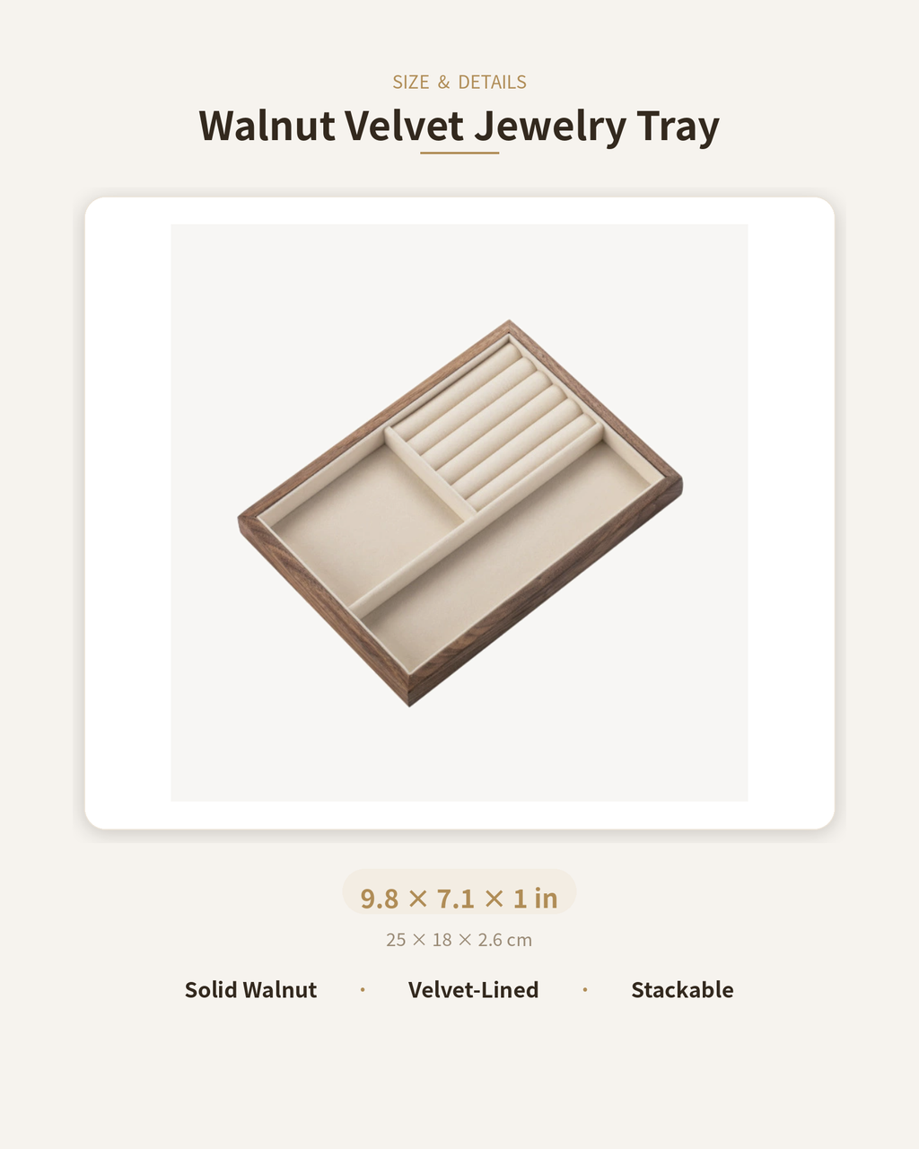 Walnut velvet-lined jewelry tray with two compartments, view of open top