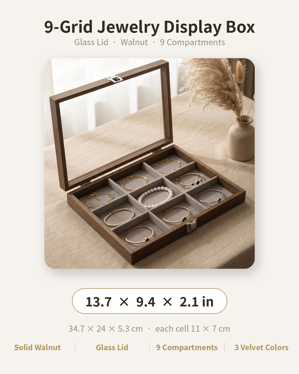 9-grid walnut jewelry display box with glass lid, 9 compartments