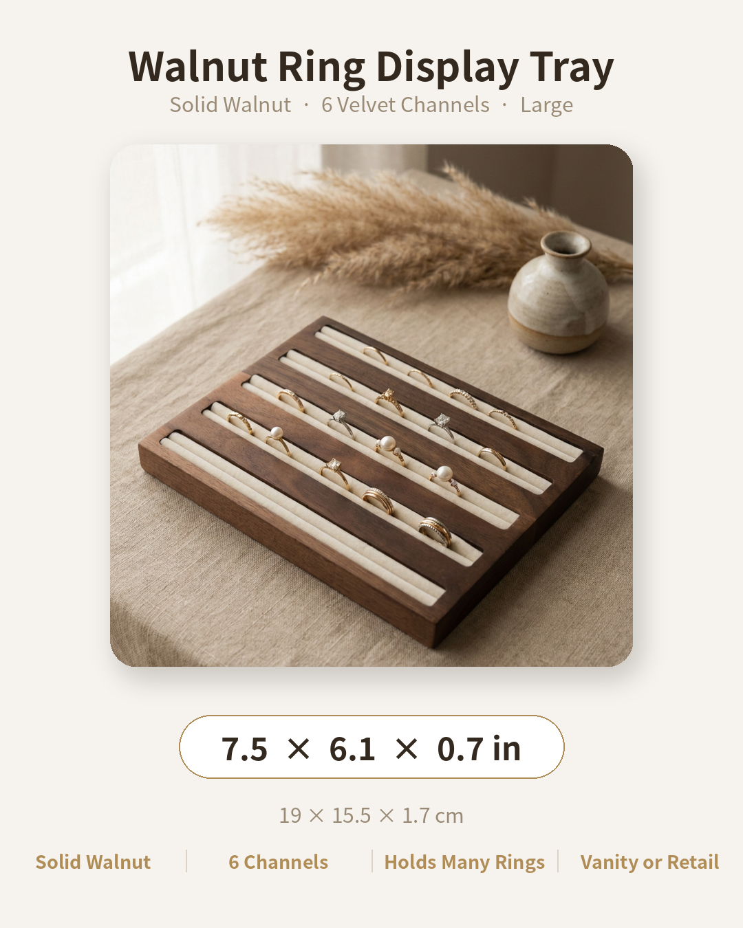 Large walnut ring display tray with six velvet channels for ring storage