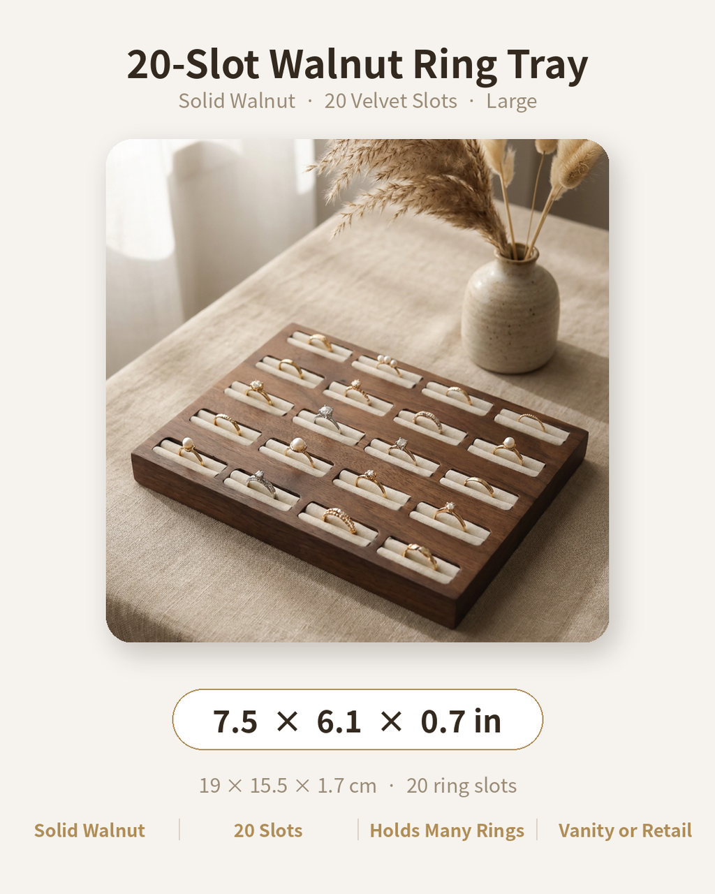 20-slot walnut ring tray product card showing wooden tray with 20 velvet ring slots