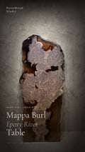 Epoxy river table, mappa burl slab with gray resin pockets and dark epoxy edges.