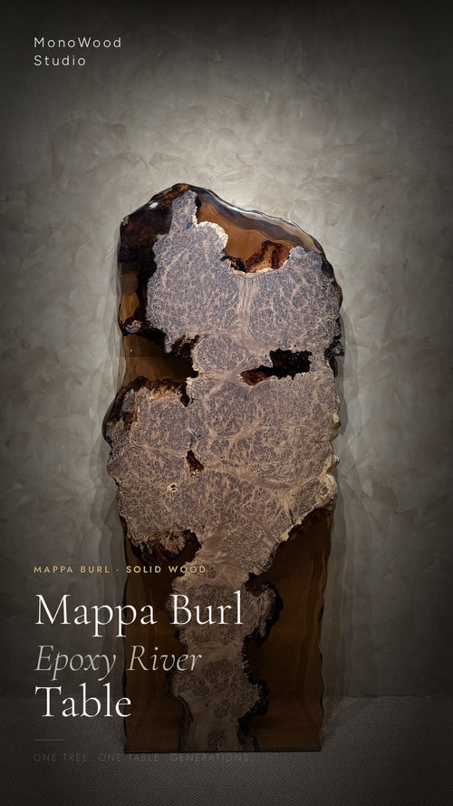 Epoxy river table, mappa burl slab with gray resin pockets and dark epoxy edges.