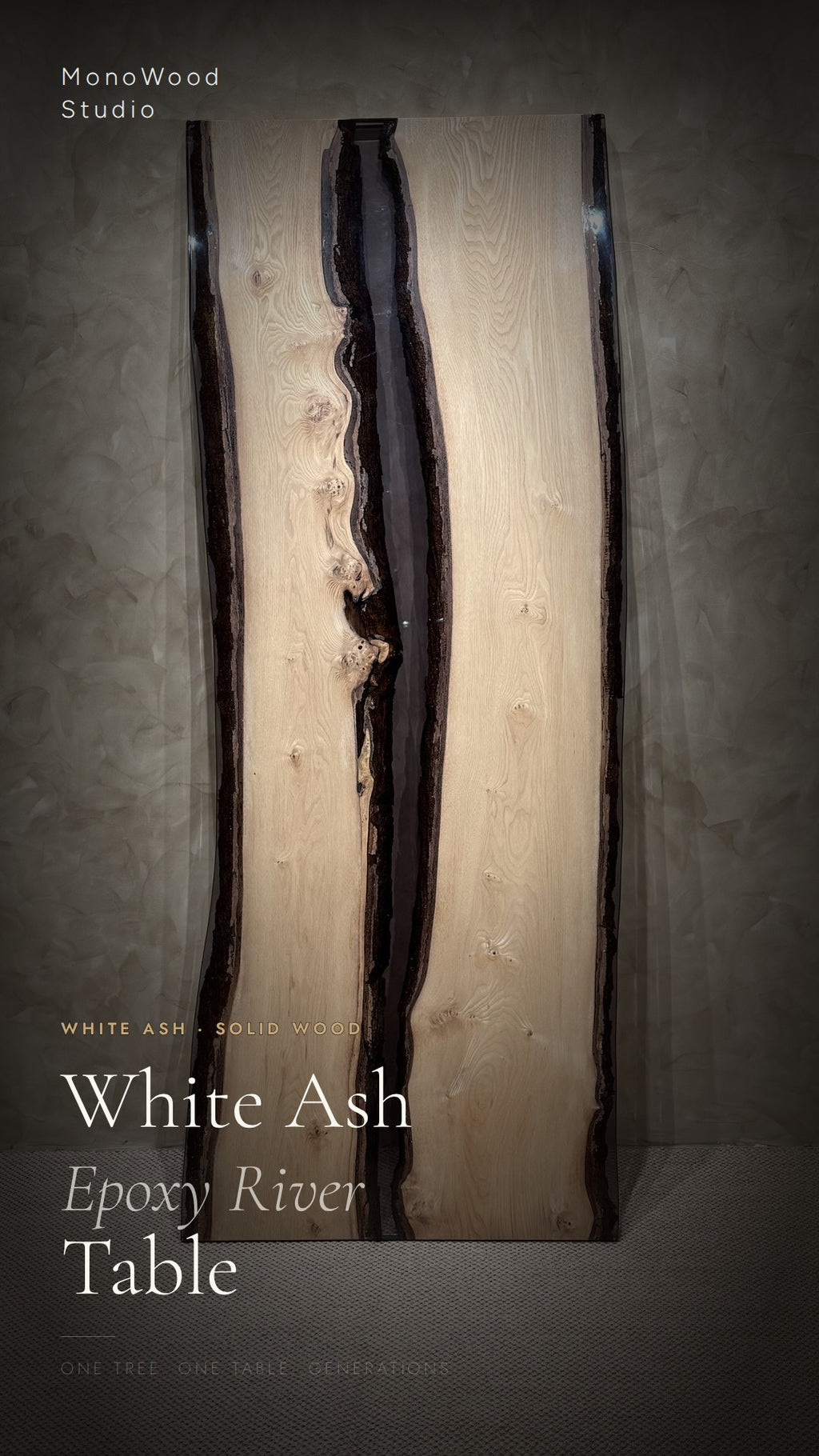 Ash wood epoxy river table with dark resin channel