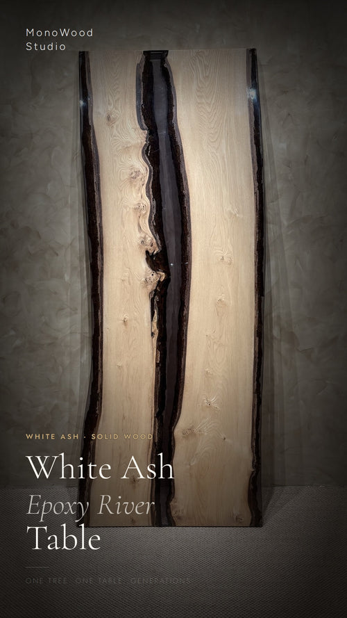 Ash wood epoxy river table with dark resin channel