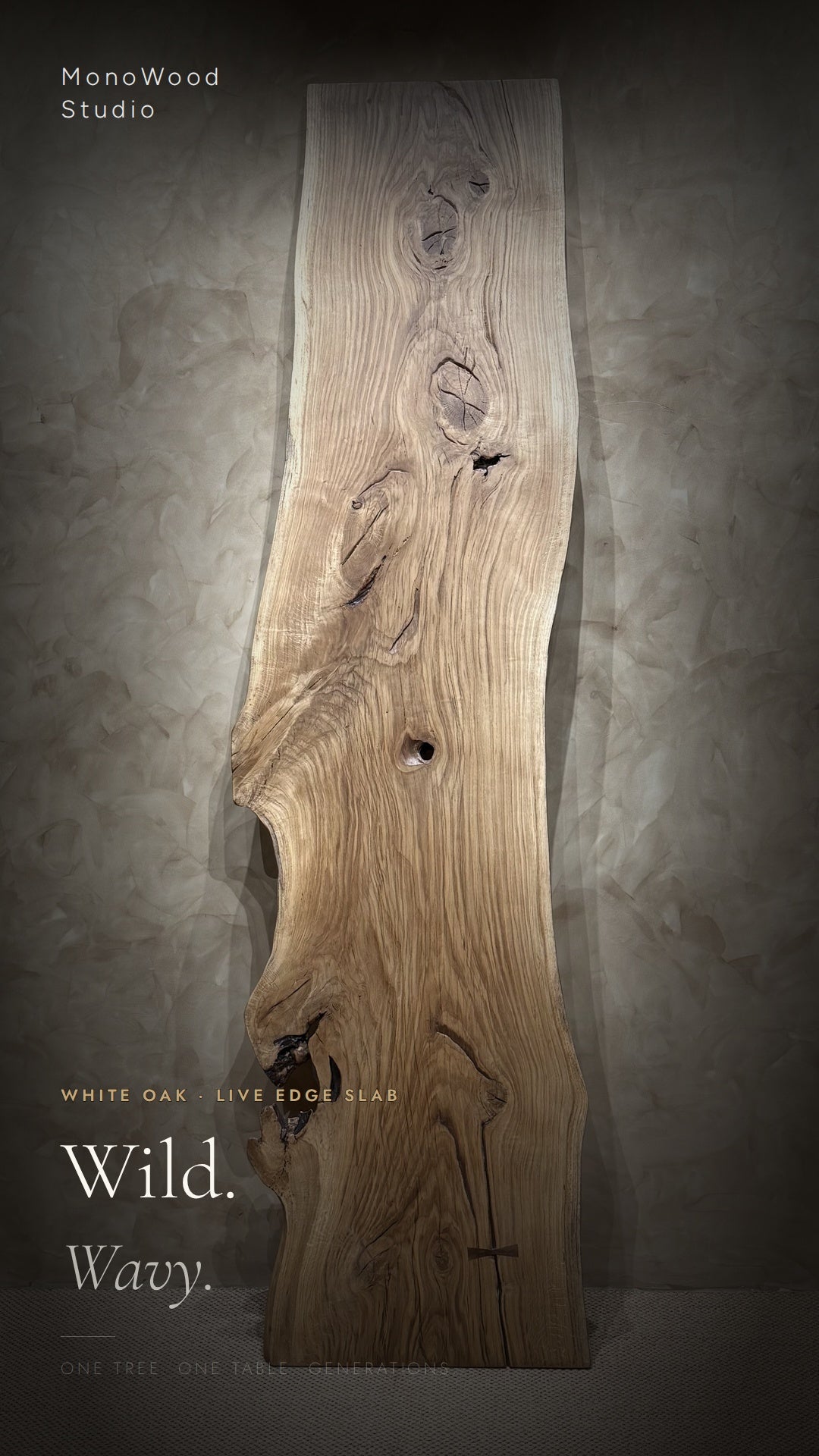 Oak live-edge wood slab, light brown with knots and natural grain.