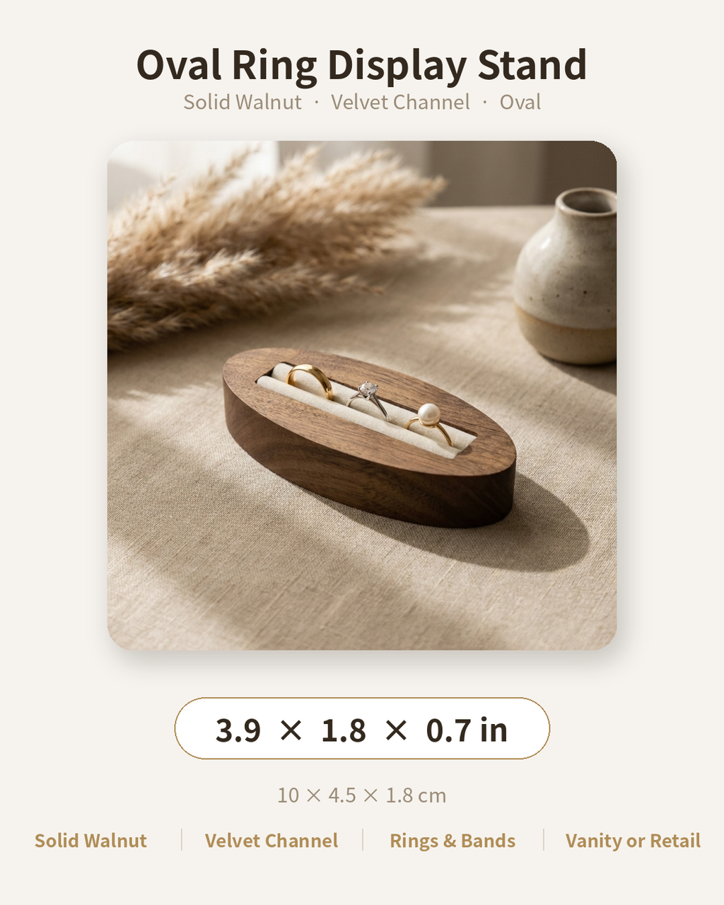 Oval ring display stand in solid walnut with velvet channel; 3.9 x 1.8 x 0.7 in