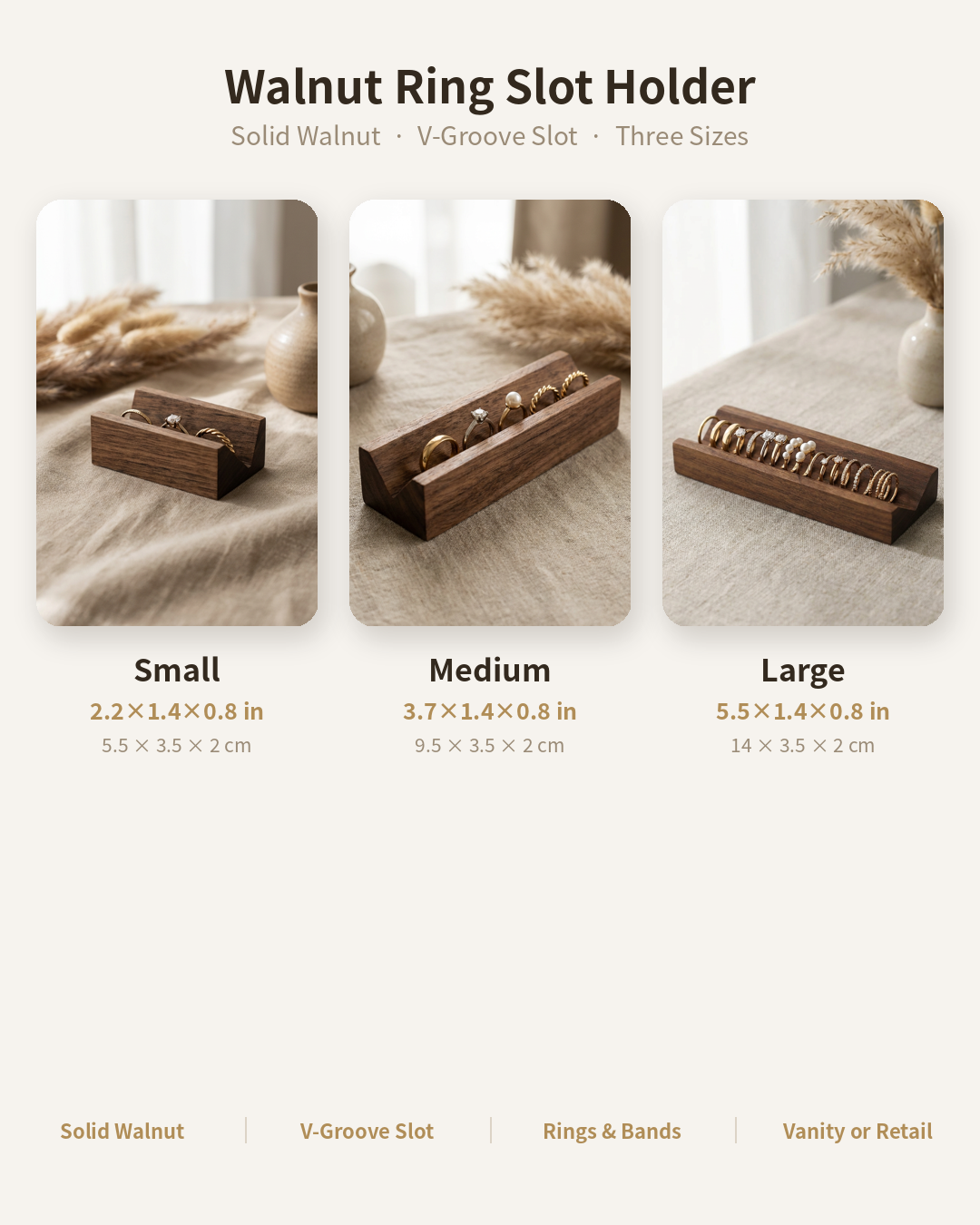 Walnut ring slot holder chart with Small, Medium, Large sizes and V-groove slots