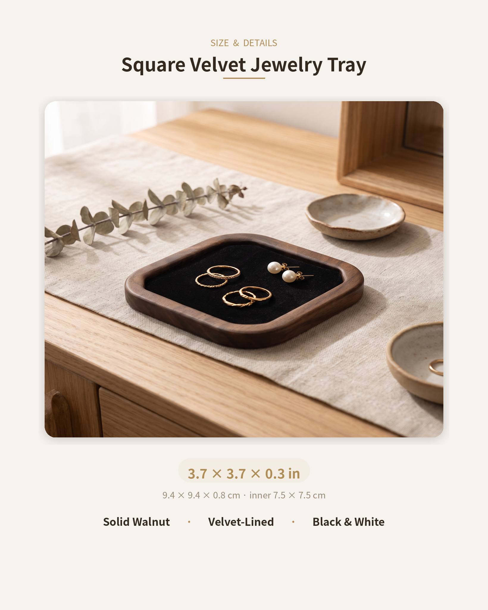 Small square velvet jewelry tray with walnut frame and dark velvet insert