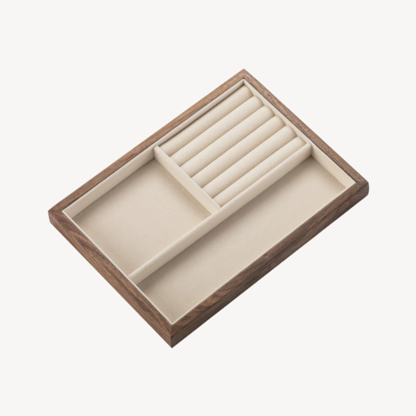 Walnut jewelry tray with two velvet compartments, open with fitted dividers