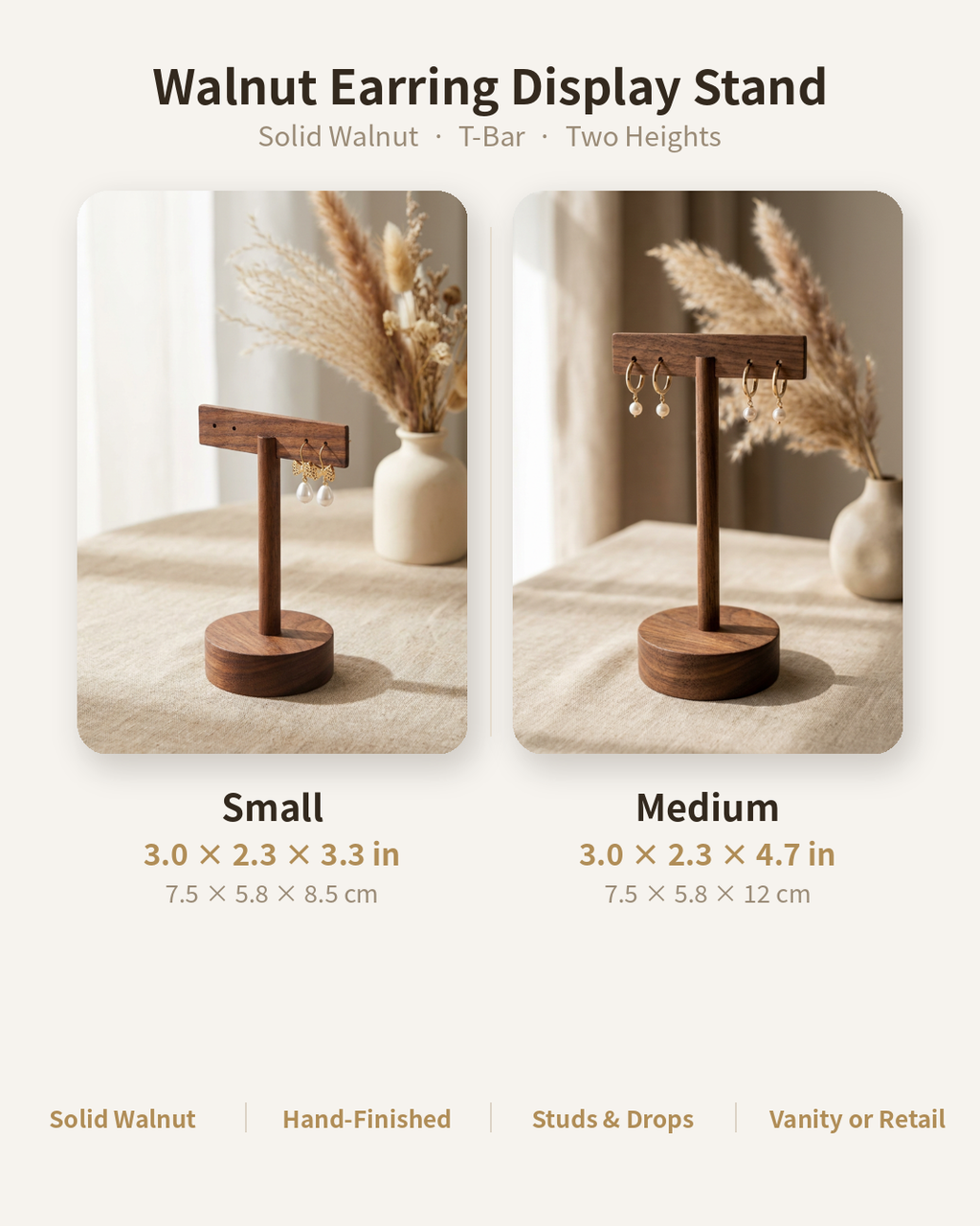 Walnut earring display stand showing small and medium heights on a round base