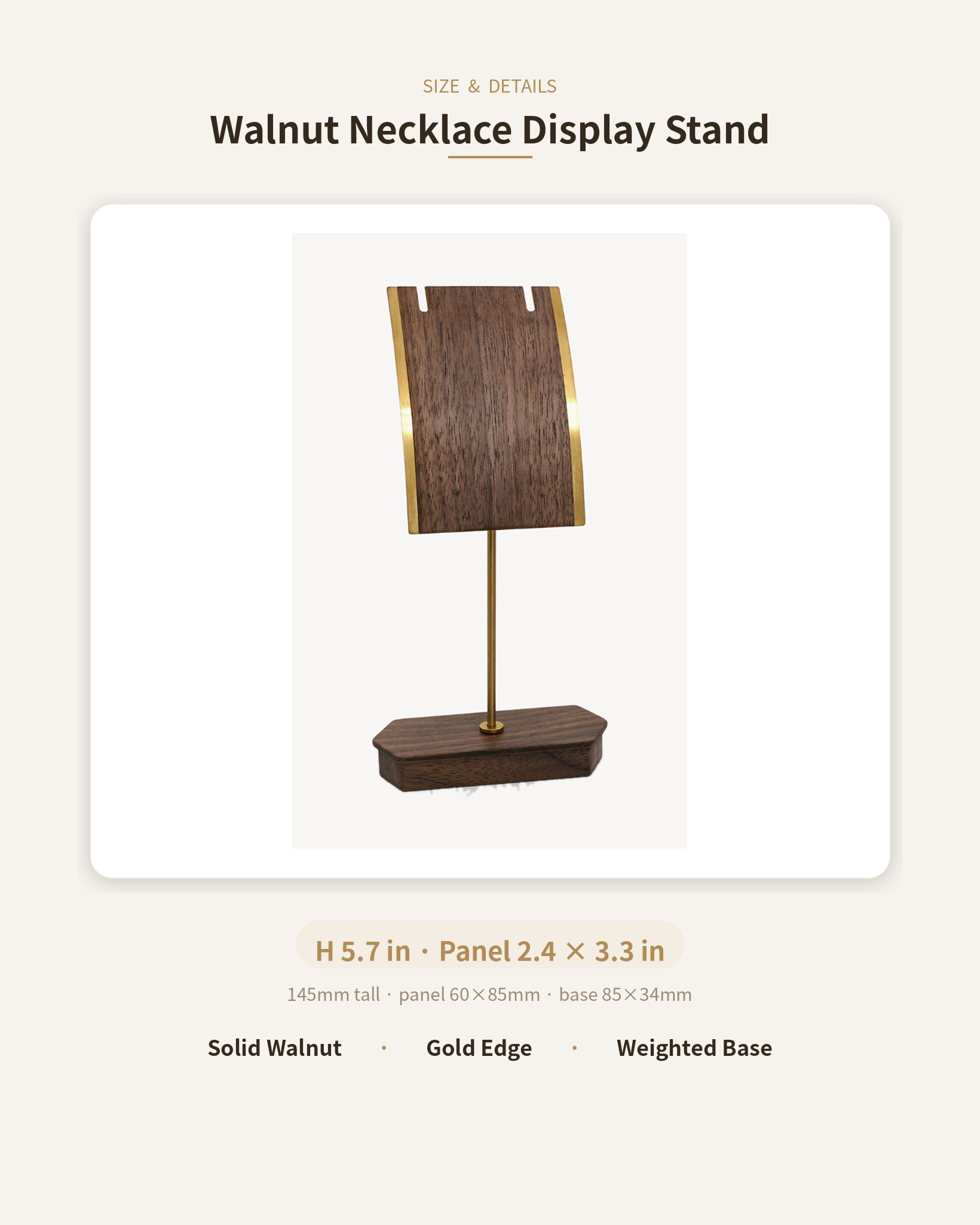 Walnut necklace display stand product view with dark base and gold-toned post