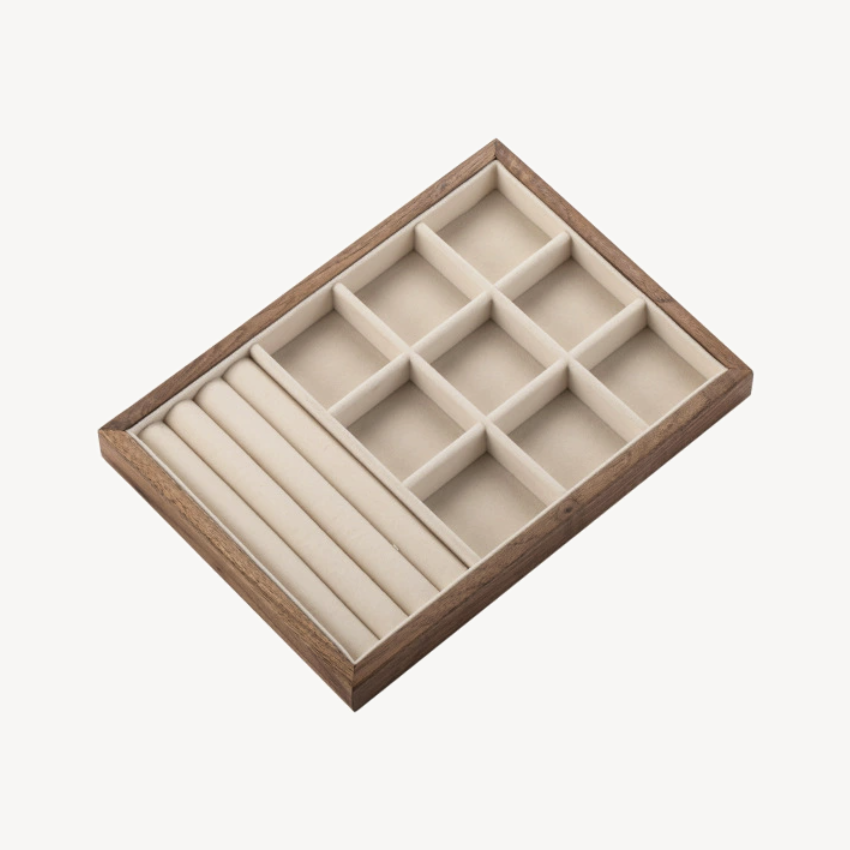 Walnut stackable jewelry tray with nine velvet-lined compartments and ring slots