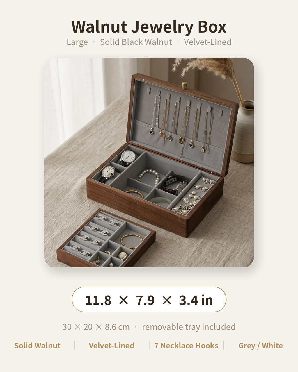 Large walnut jewelry box with removable tray and 7 necklace hooks, velvet-lined