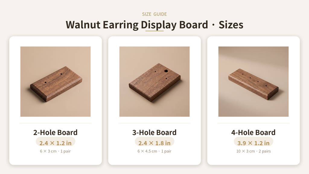 Walnut earring display board size guide showing 2-hole, 3-hole, and 4-hole boards