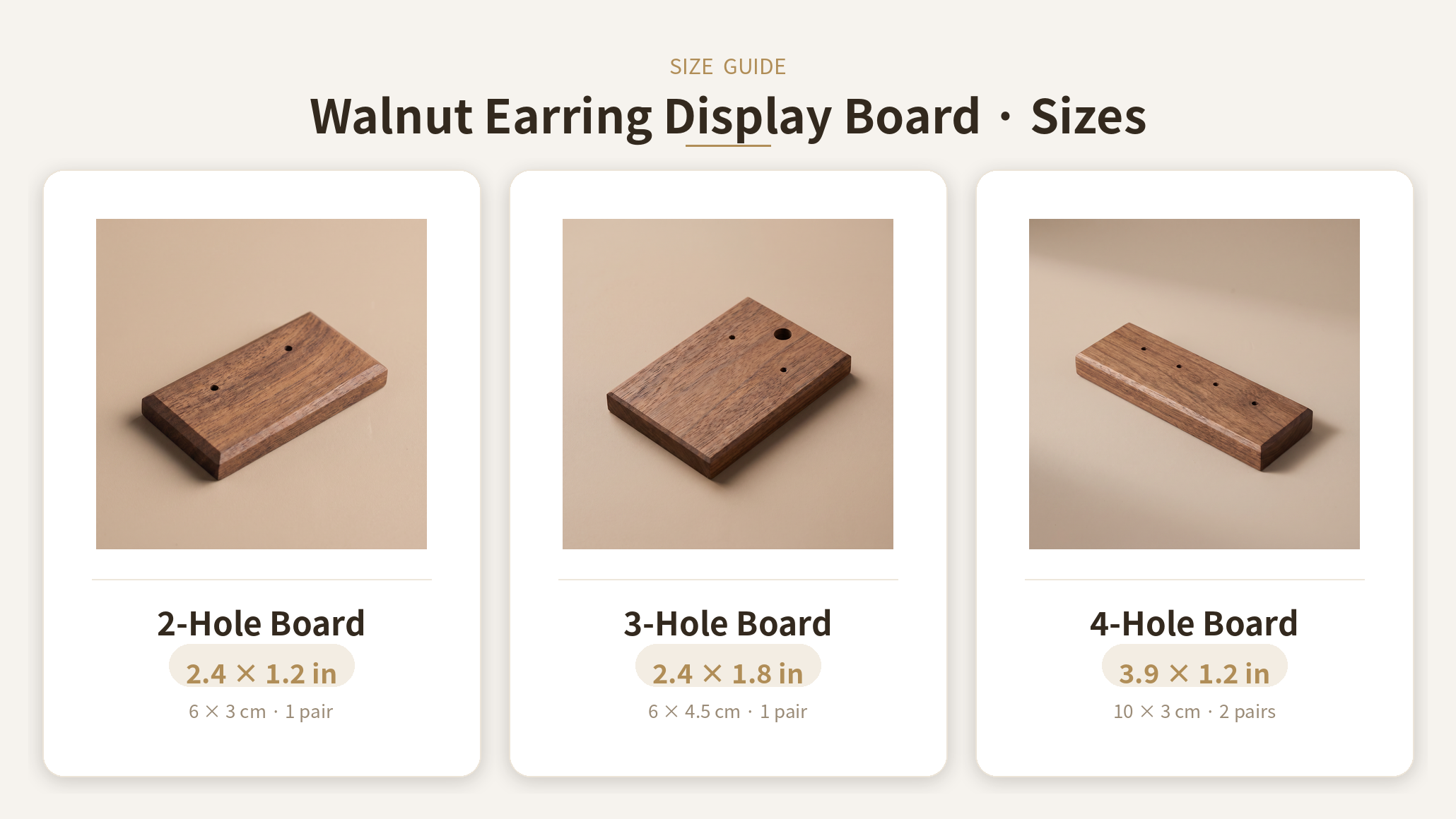 Walnut earring display board size guide showing 2-hole, 3-hole, and 4-hole boards