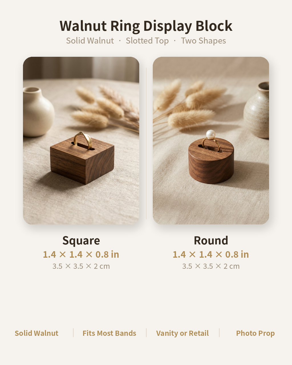 Ring display block size guide card showing square and round walnut holders