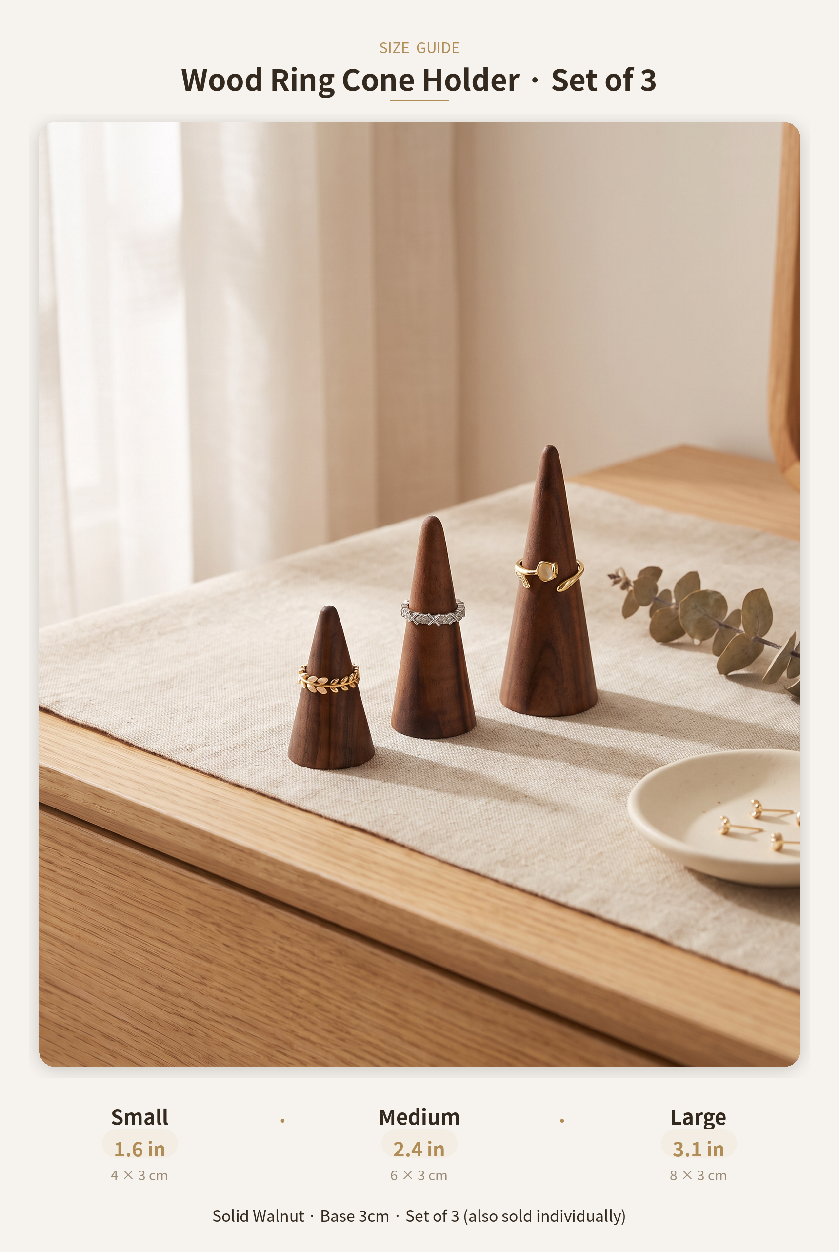 Set of three walnut ring cone holders with conical bases for stacking rings