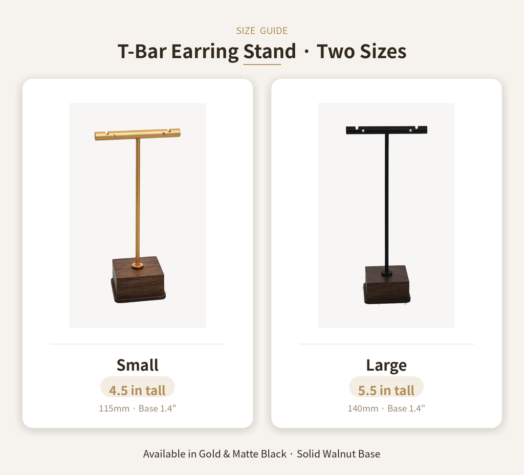 Size guide showing T-bar earring stand in small and large options for gold and black