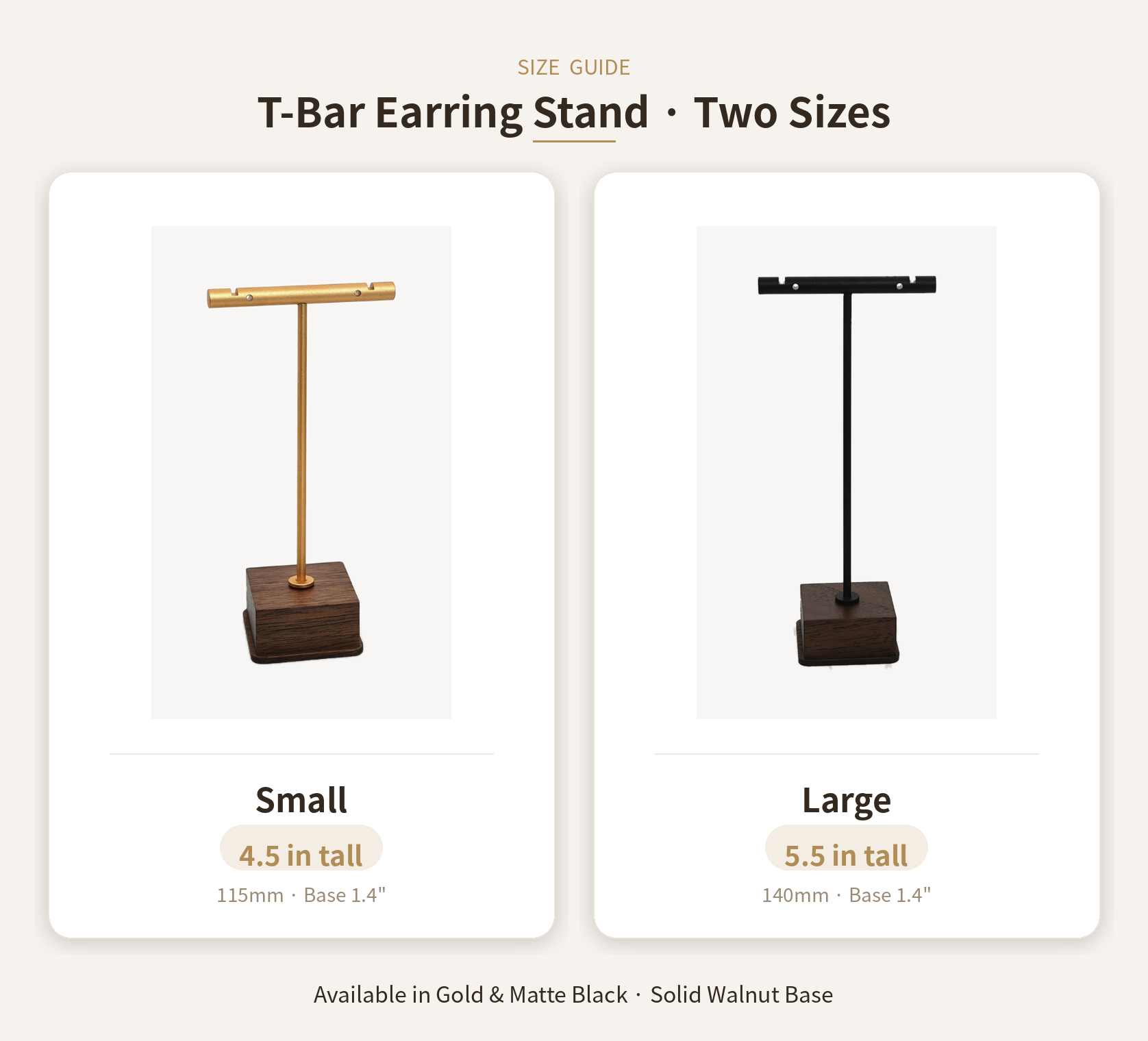 Size guide showing T-bar earring stand in small and large options for gold and black