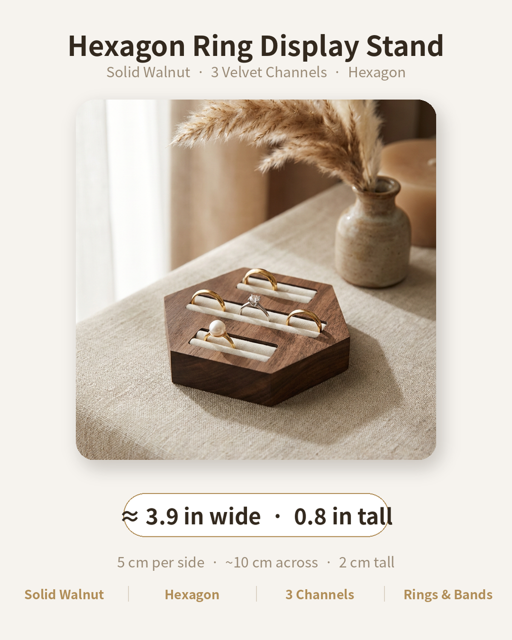 Hexagon ring display stand, solid walnut with 3 velvet channels; 3.9 in wide