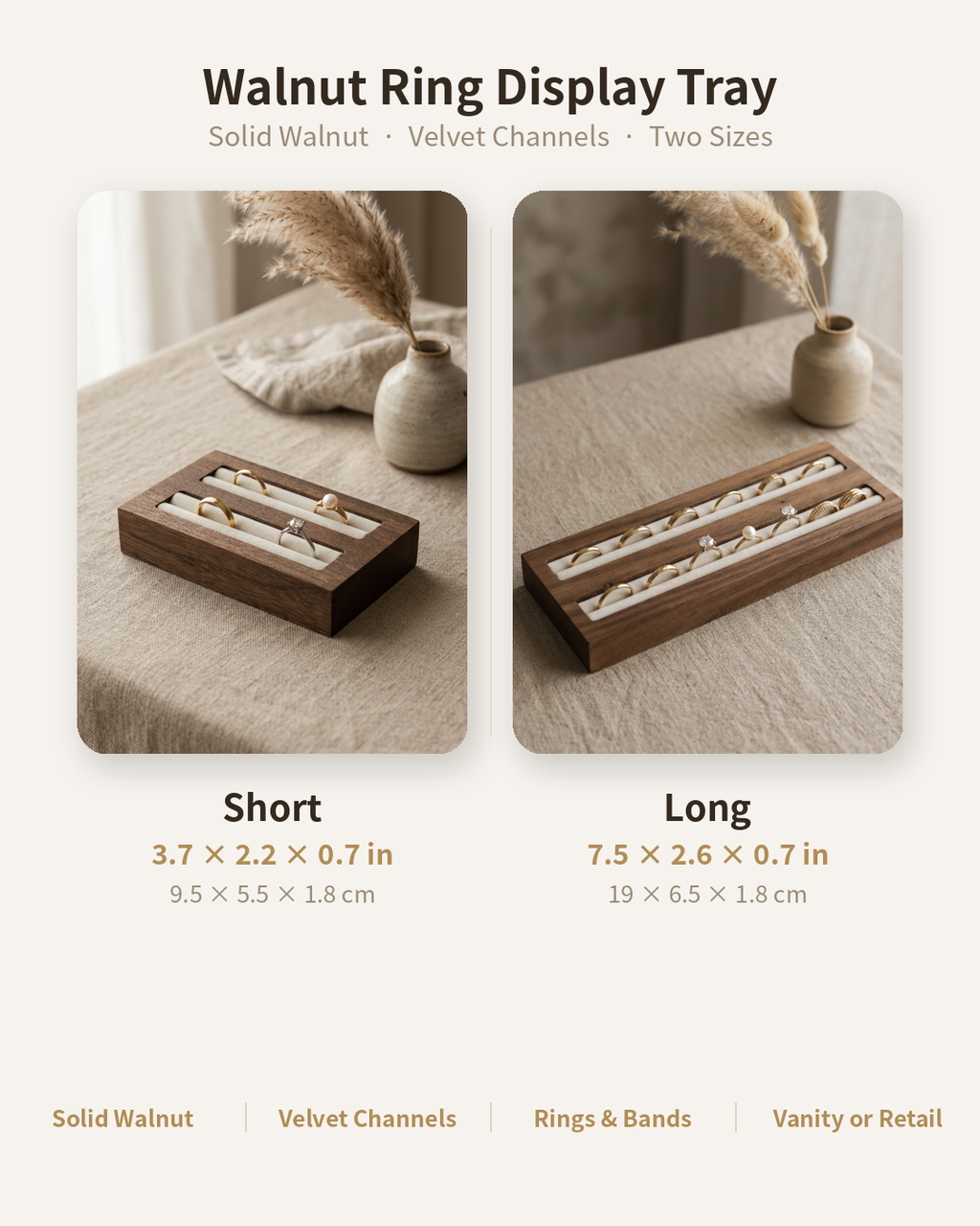 Walnut ring display tray sizes: short 3.7x2.2 in and long 7.5x2.6 in