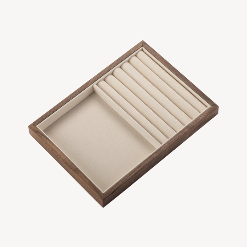 Walnut divided jewelry tray with ring slots and beige lining