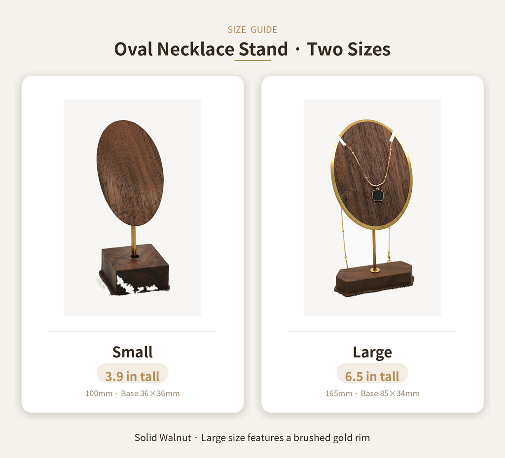 Oval necklace stand size guide graphic showing small and large walnut display sizes