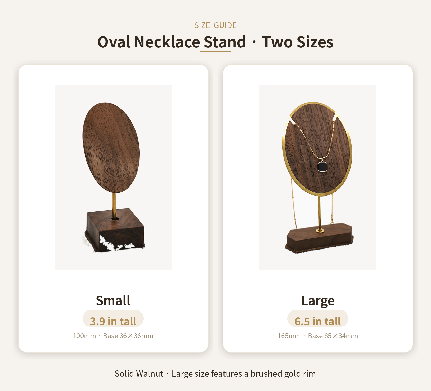 Oval necklace stand size guide graphic showing small and large walnut display sizes