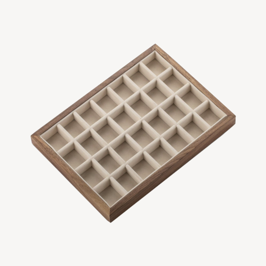 Walnut jewelry tray organizer with 28-grid compartments and cream insert