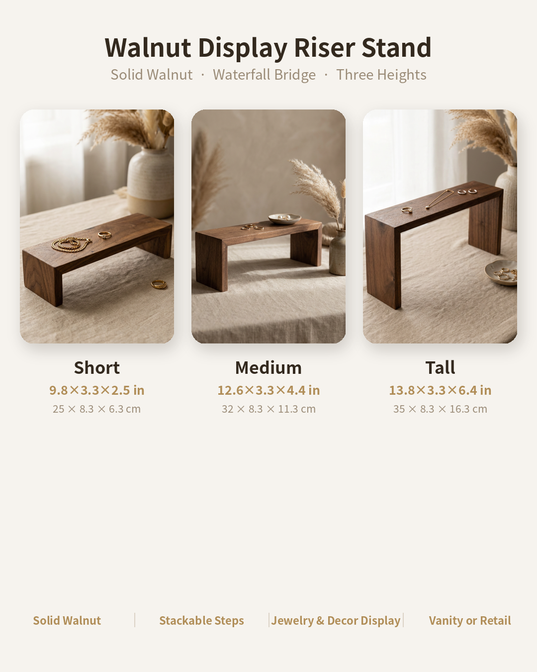 Walnut display riser stand options: short, medium, tall wood jewelry risers