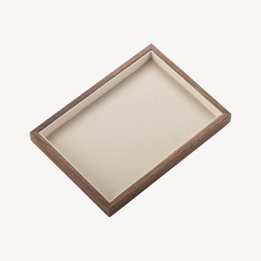 Walnut jewelry tray with light velvet insert, open empty compartment