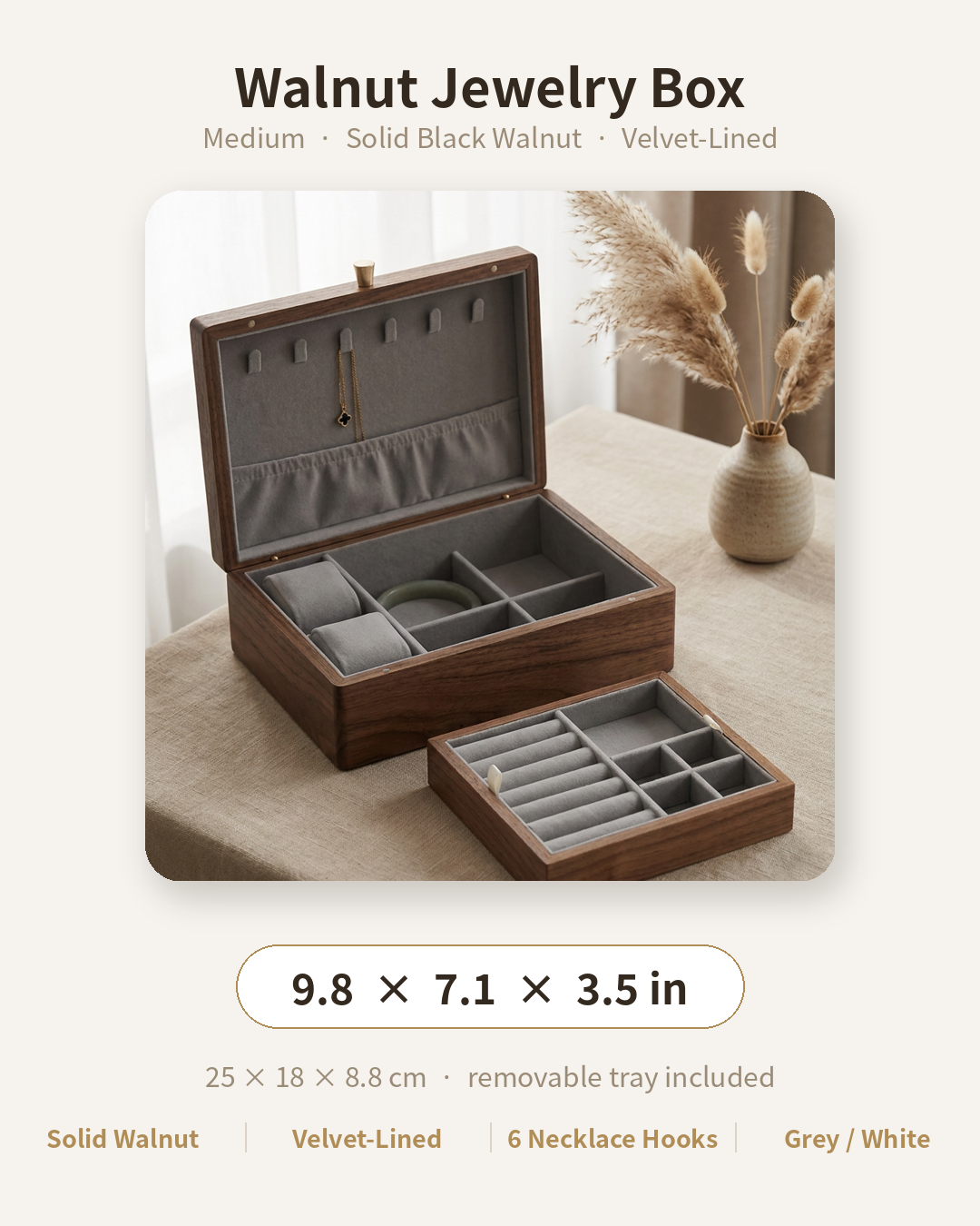 Medium walnut jewelry box with velvet-lined tray, 6 necklace hooks, removable compartments