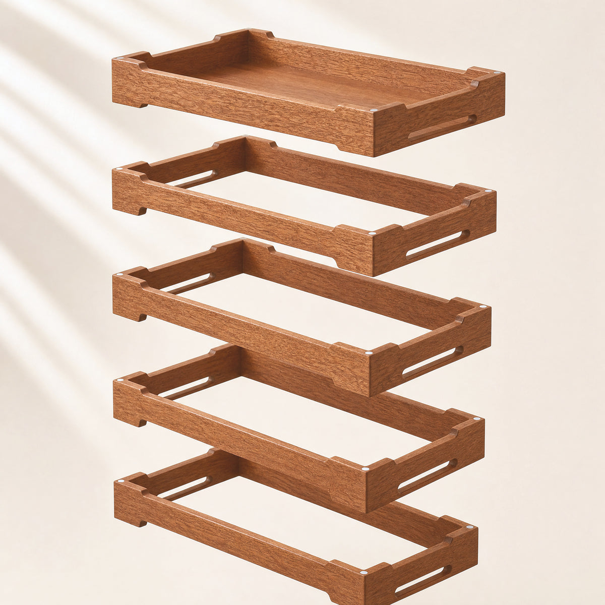 Wood stacking frames for cable management box, shown as four interlocking parts