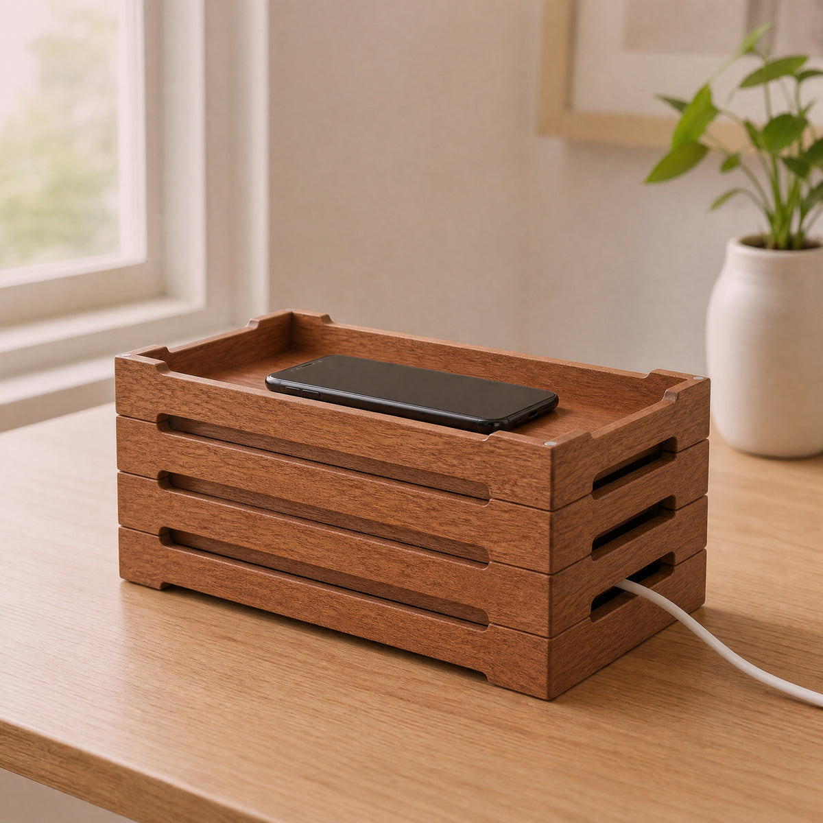 Solid wood cable management box with four stacked frames, black device on top