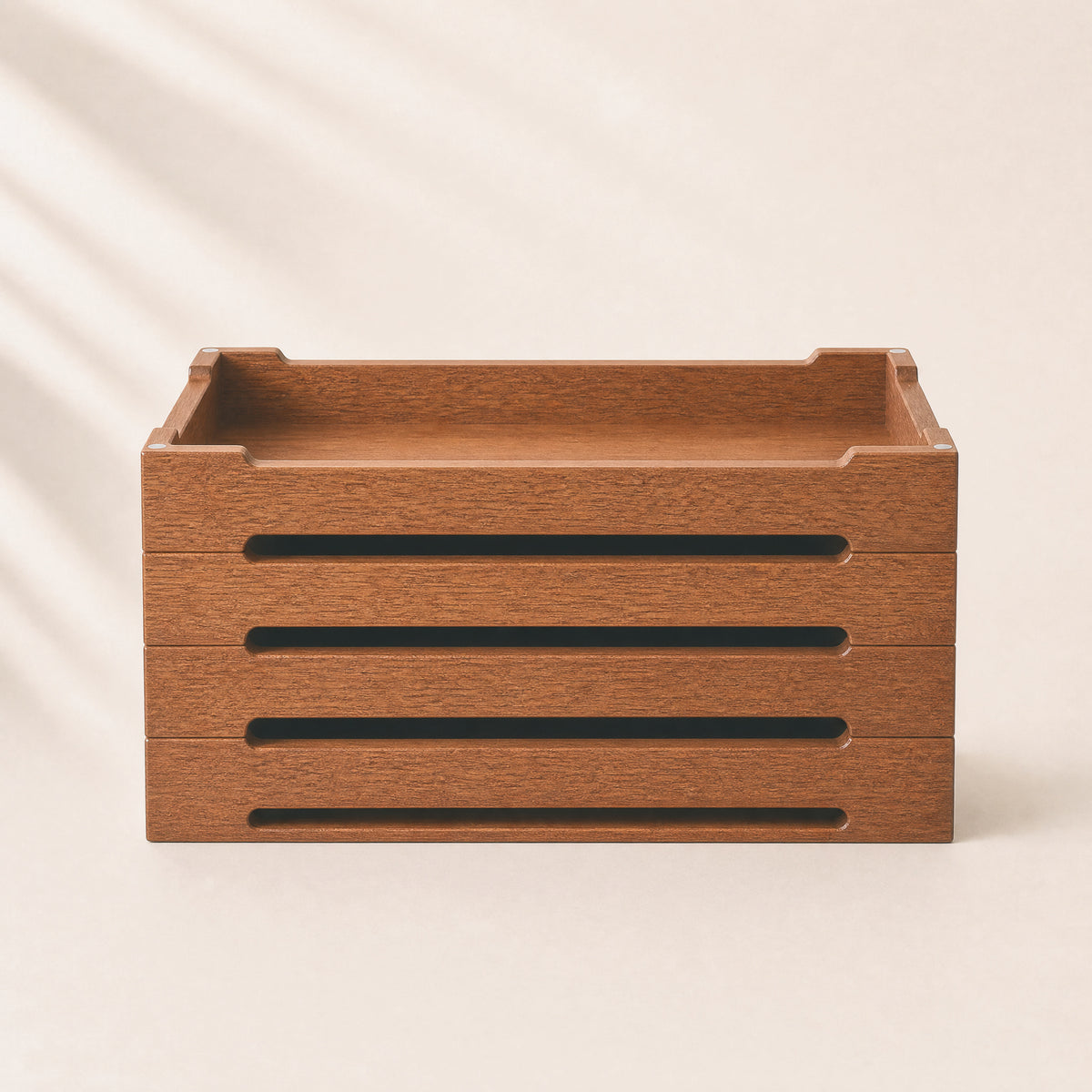Wooden cable management box front view with three long slots for cable routing