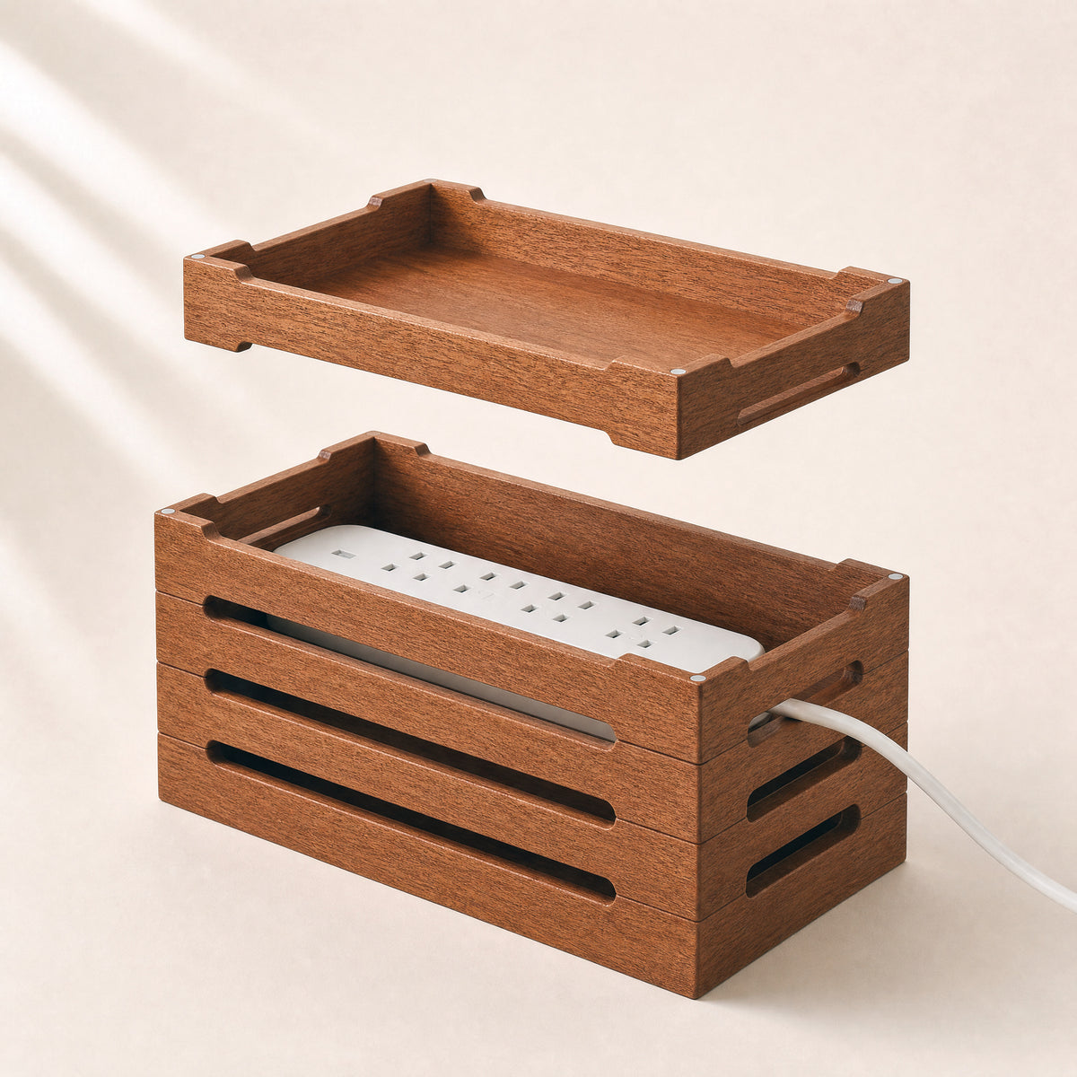 Wooden cable organizer with open top frame and cable routed through side slots