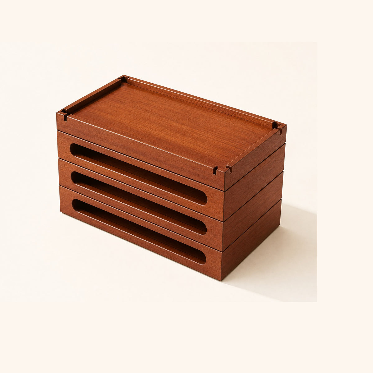 Solid wood cable box: three stacking frames under a solid top tray with notched corners
