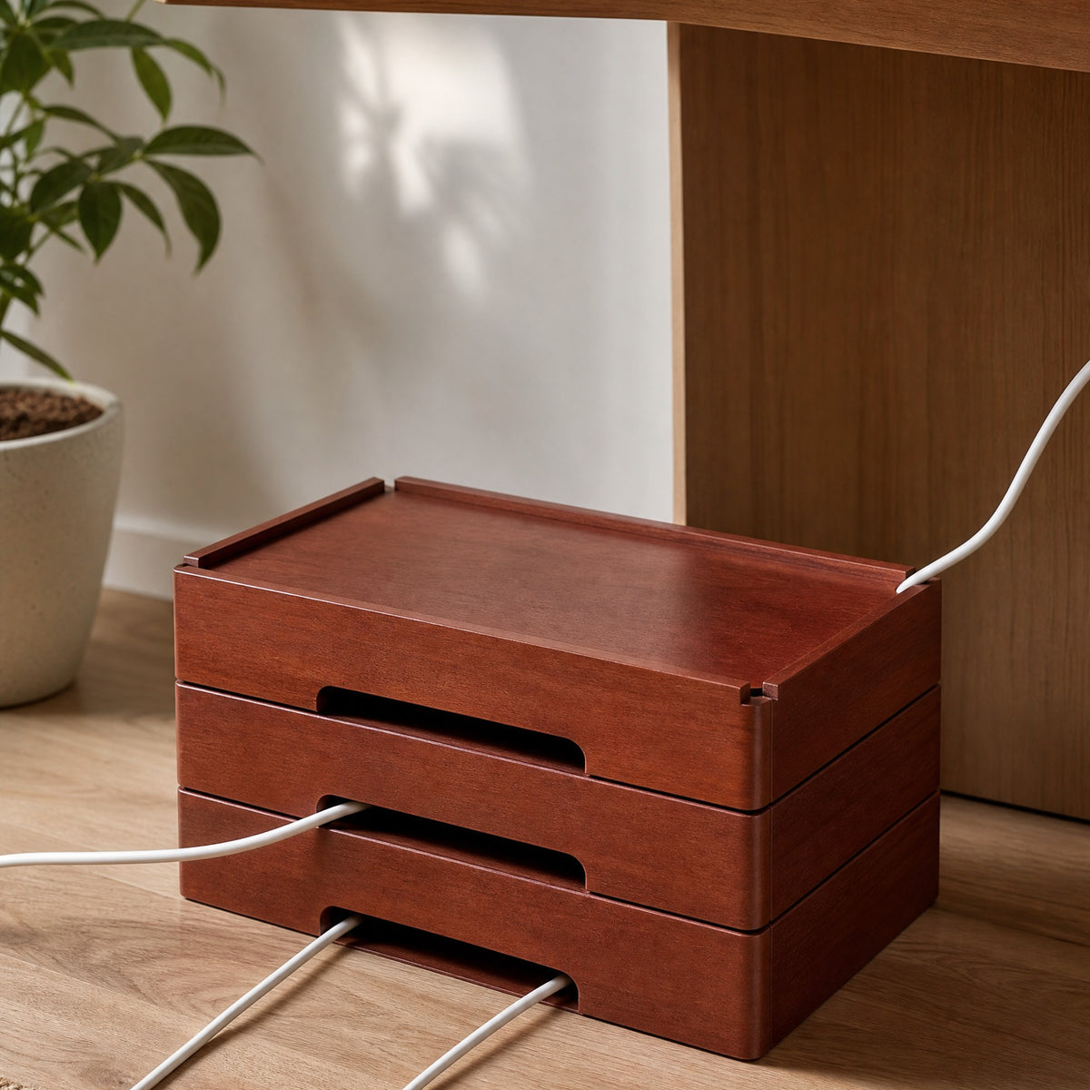 The cable box in use beside a desk, cables running out through the slots