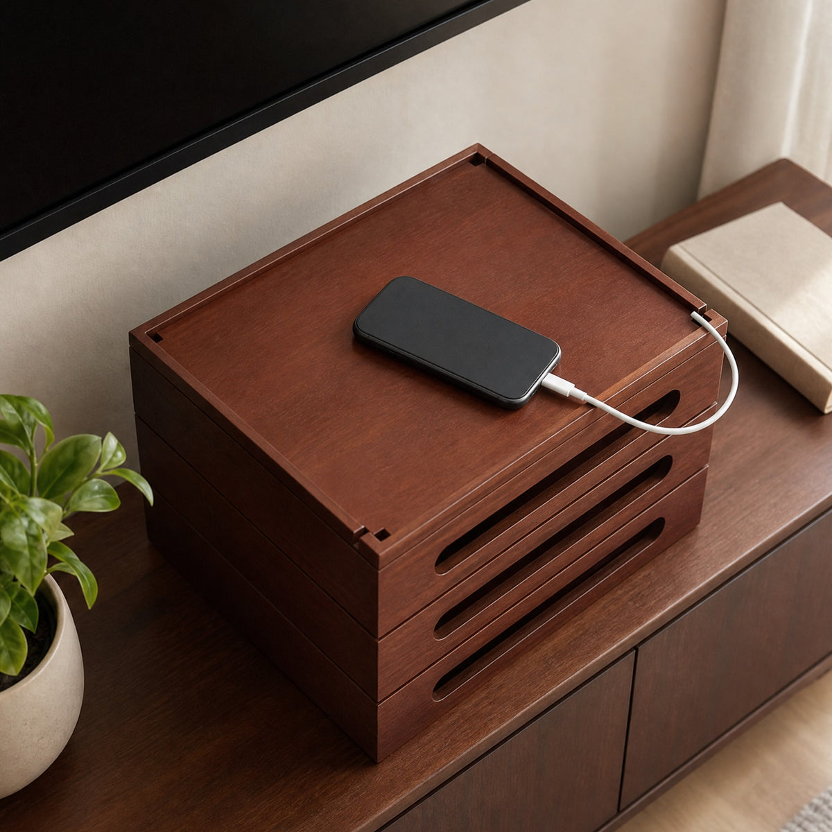 The closed top tray used as a surface, a phone charging on it