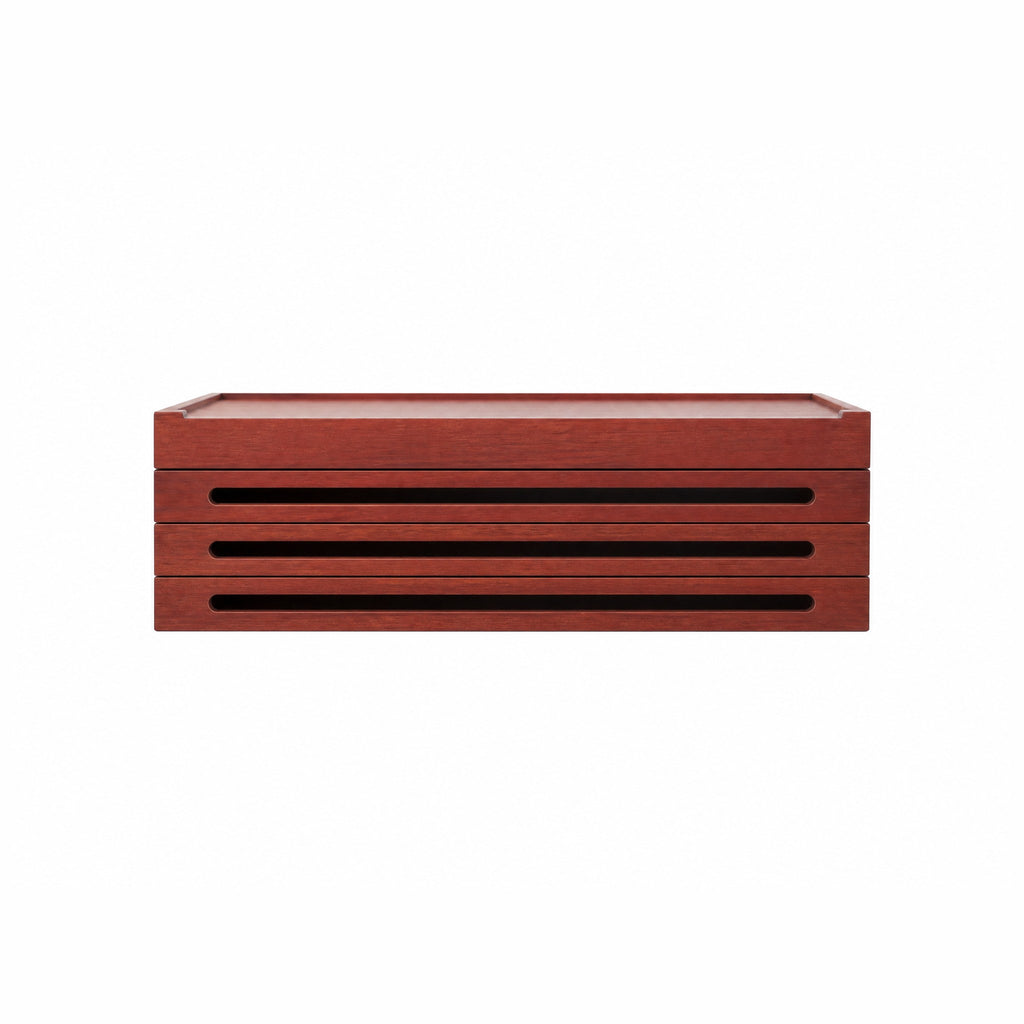 Front elevation of the stack: three slotted frames under a solid tray
