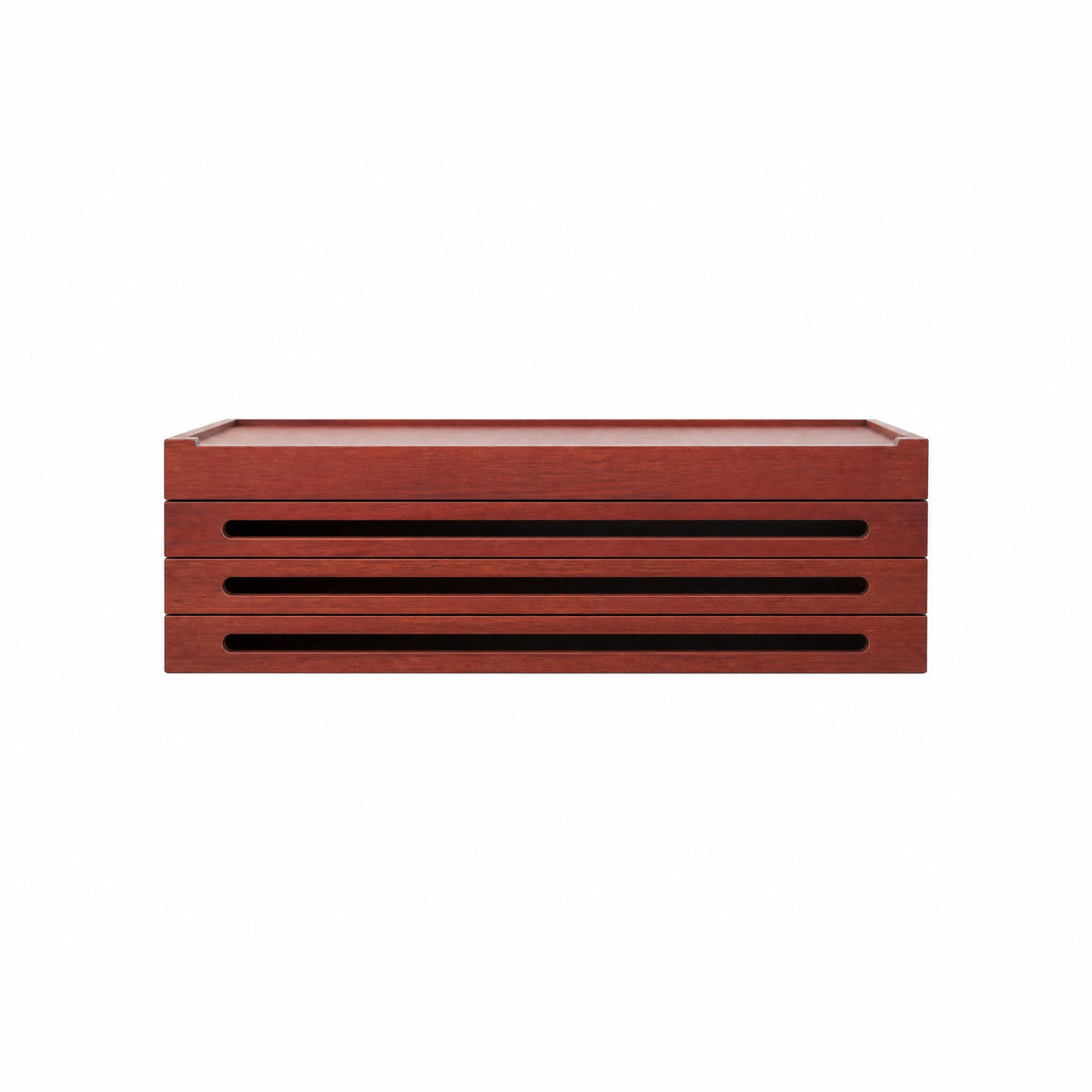 Front elevation of the stack: three slotted frames under a solid tray