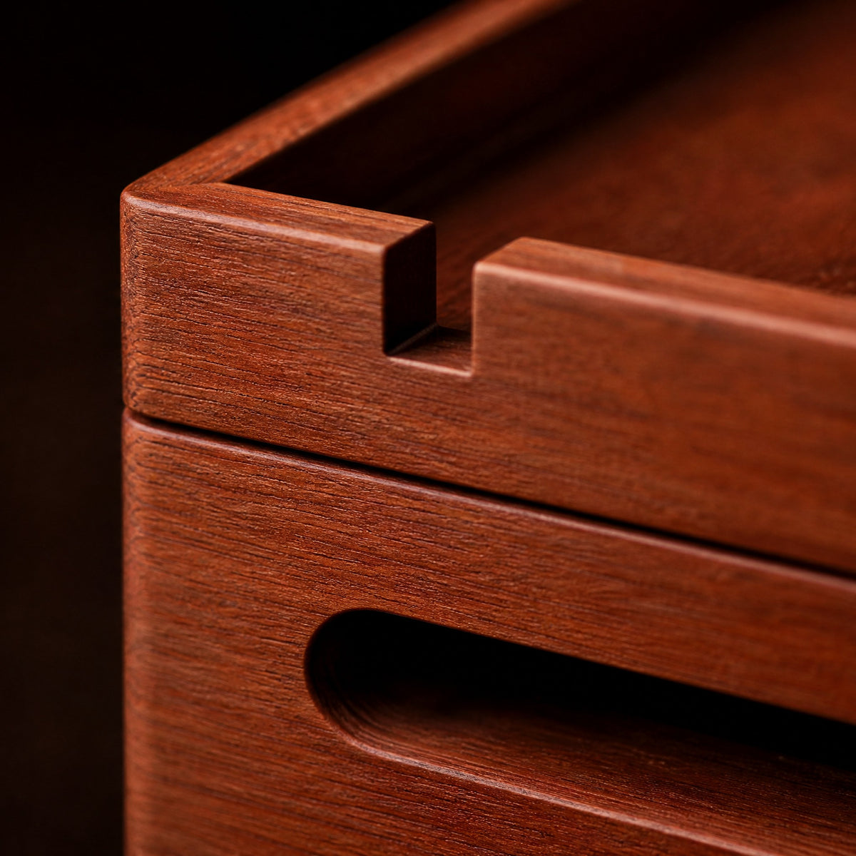 Macro of a square cable notch cut through the corner of the tray rim