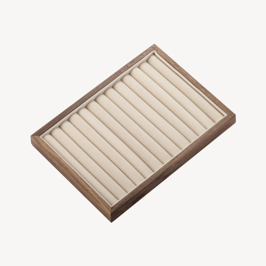 Walnut ring tray with cream velvet slots, open top organizer for rings